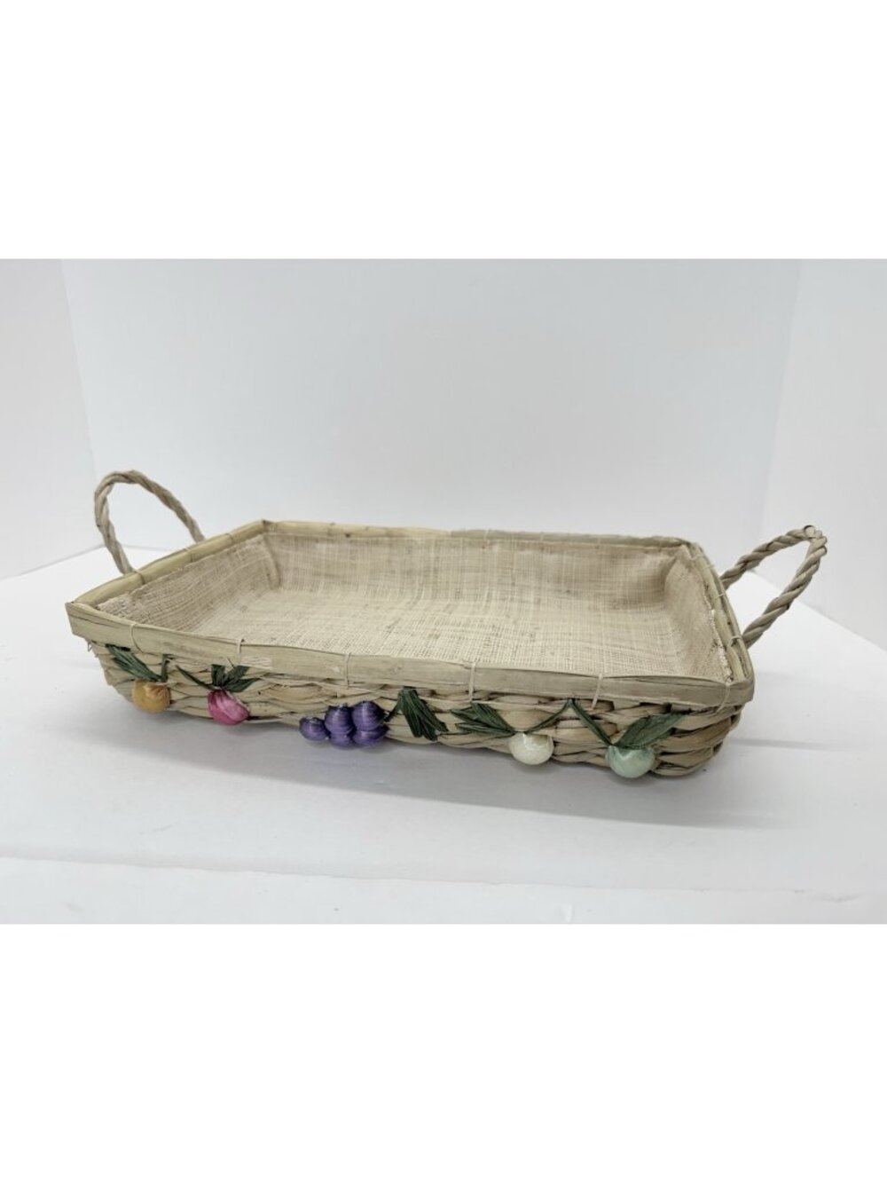 Vintage 70s 3D Veggie Fruit Raffia Casserole Carrier Basket 11” Cottage Boho